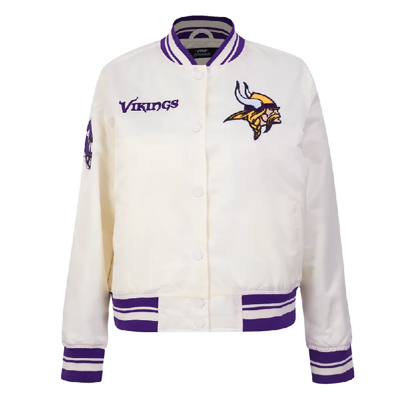 NFL MINNESOTA VIKINGS RETRO CLASSIC WOMEN'S RIB SATIN JACKET (EGGSHELL/ PURPLE) Refined Women's Classic 