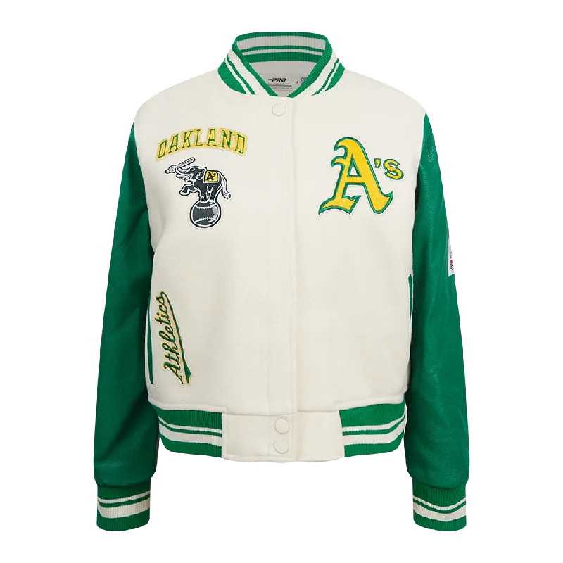 MLB OAKLAND ATHLETICS RETRO CLASSIC WOMEN'S RIB WOOL VARSITY JACKET (EGGSHELL/ KELLY GREEN)