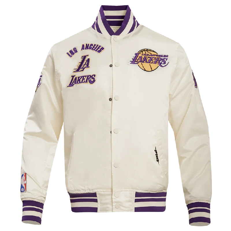 NBA LOS ANGELES LAKERS RETRO CLASSIC MEN'S RIB SATIN JACKET (EGGSHELL/ PURPLE) Bold Women's Animal Print NBA LOS ANGELES LAKERS RETRO CLASSIC MEN'S RIB SATIN JACKET (EGGSHELL/ PURPLE) Bold Women's Animal Print