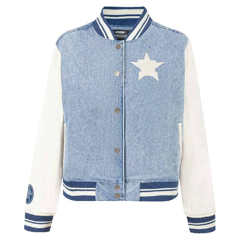 MLB HOUSTON ASTROS VARSITY BLUES WOMEN'S DENIM VARSITY JACKET (DENIM/LINEN) Classic Women's Pin - striped MLB HOUSTON ASTROS VARSITY BLUES WOMEN'S DENIM VARSITY JACKET (DENIM/LINEN) Classic Women's Pin - striped
