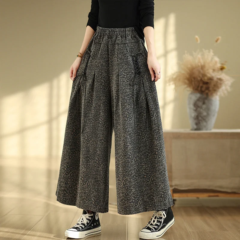 Babakud Women Autumn Leopard Printed Denim Wide- Leg Pants Hip Women's Retro