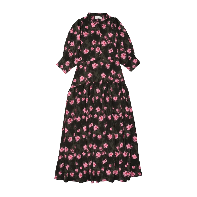 maxi dress tiered flower design - black Vintage Women's 1970S 