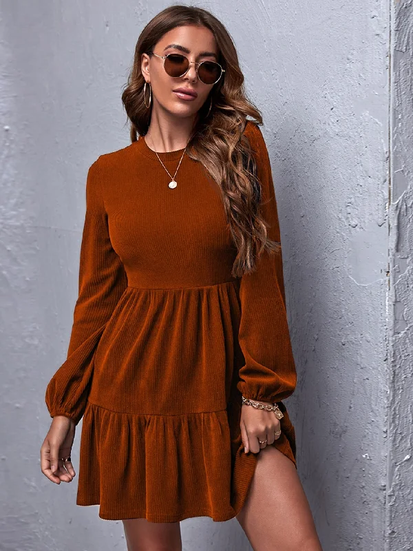 Plain Rib-Knit Long Sleeve Round Neck Flounce High Waist Short Womens Dress British Gentlewoman Style Plain Rib-Knit Long Sleeve Round Neck Flounce High Waist Short Womens Dress British Gentlewoman Style