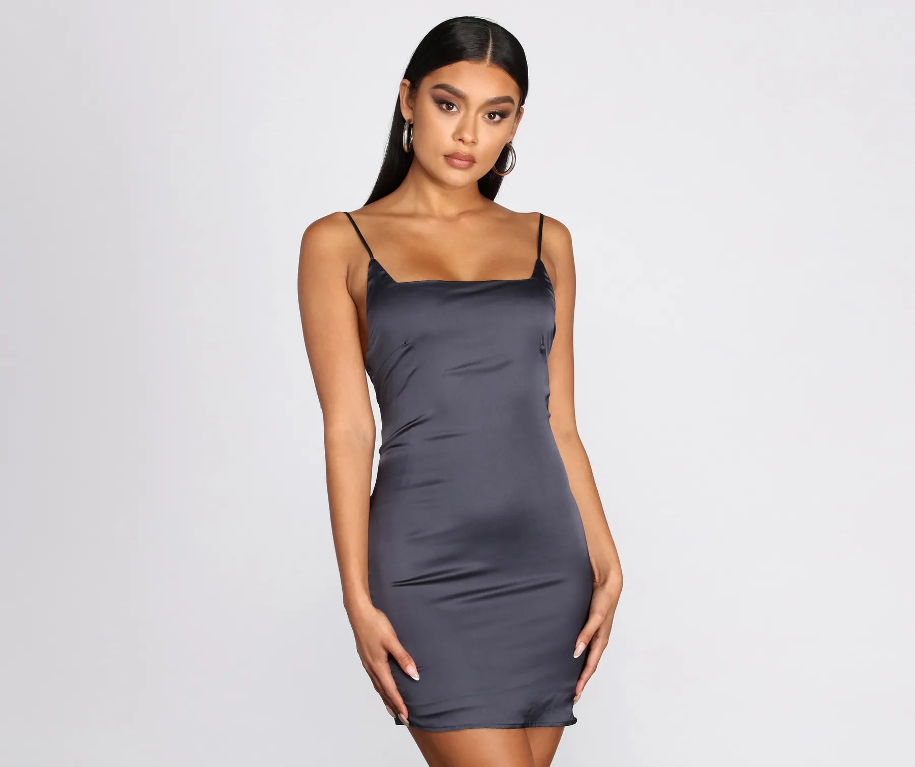 Ur Babe Tonight Square Neck Satin Mini Dress Feminine Women's Style 