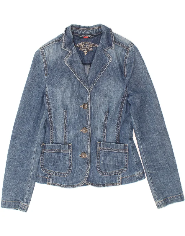 ESPRIT Womens 3 Button Denim Blazer Jacket UK 12 Medium Blue Cotton Artistic Women's Hand - painted ESPRIT Womens 3 Button Denim Blazer Jacket UK 12 Medium Blue Cotton Artistic Women's Hand - painted