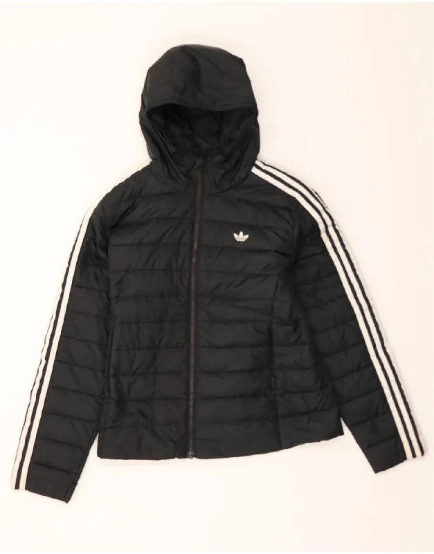 ADIDAS Womens Hooded Padded Jacket UK 14 Large Black Polyester Unique Women's Upcycled ADIDAS Womens Hooded Padded Jacket UK 14 Large Black Polyester Unique Women's Upcycled