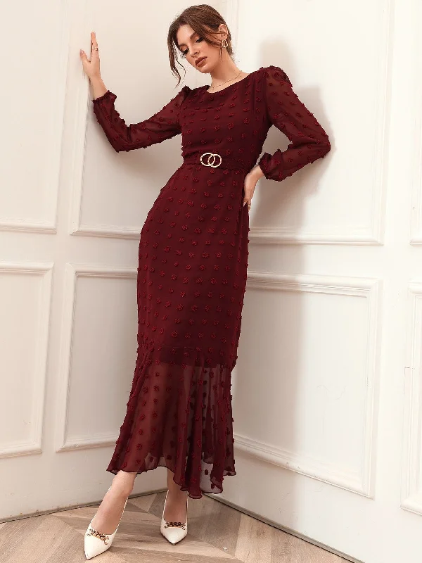 Plain Belted Long Sleeve Round Neck Mermaid High Waist Long Dress Sophisticated Women's Tailored Plain Belted Long Sleeve Round Neck Mermaid High Waist Long Dress Sophisticated Women's Tailored