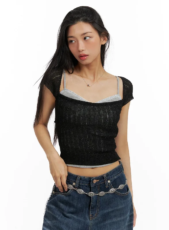 Ribbed Square Neck Knit Top CA423 Vintage Women's 1970S 