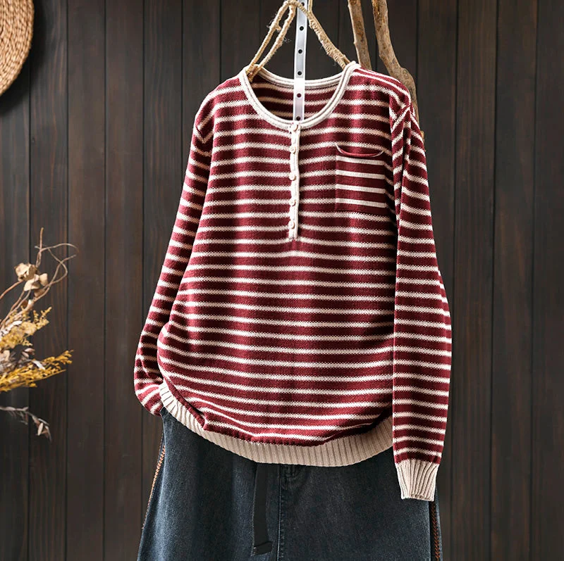 Women Spring Retro Striped Colorblock Knit Cotton Sweater Cool Women's Skate