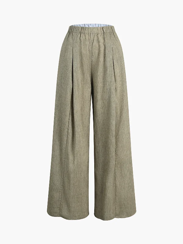 BerryBetty - Elastic Waistband Linen Wide Leg Pants Disco