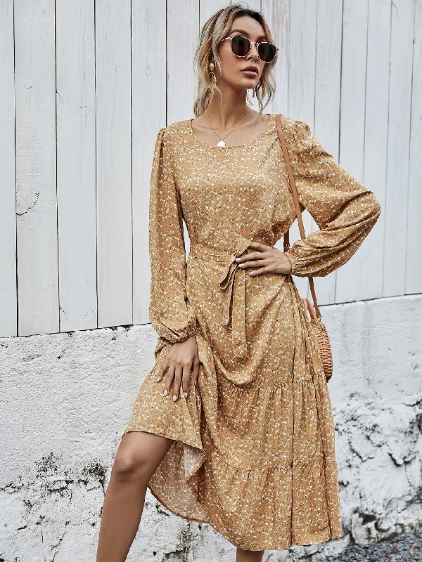 Ditsy Floral Belted Long Sleeve Round Neck Flounce High Waist Long Dress Casual Women's Japanese 