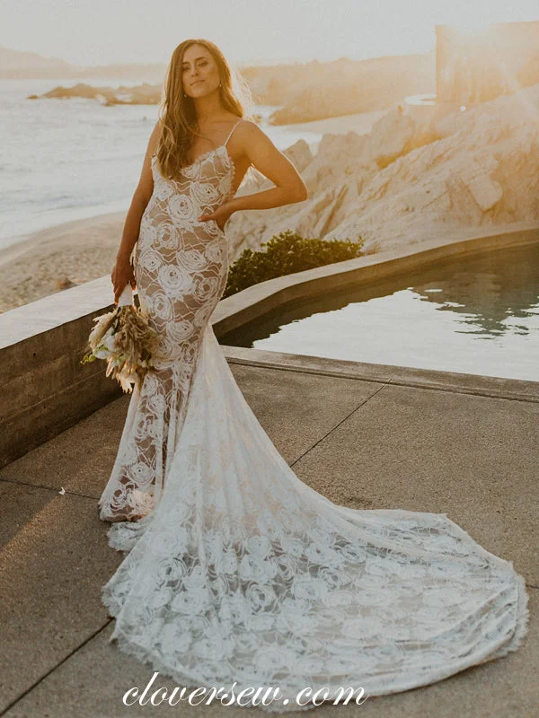 Rose Floral Lace Nude Lining Spaghetti Strap Mermaid Beach Wedding Dresses, CW0342 Sleek Women's Rose Floral Lace Nude Lining Spaghetti Strap Mermaid Beach Wedding Dresses, CW0342 Sleek Women's