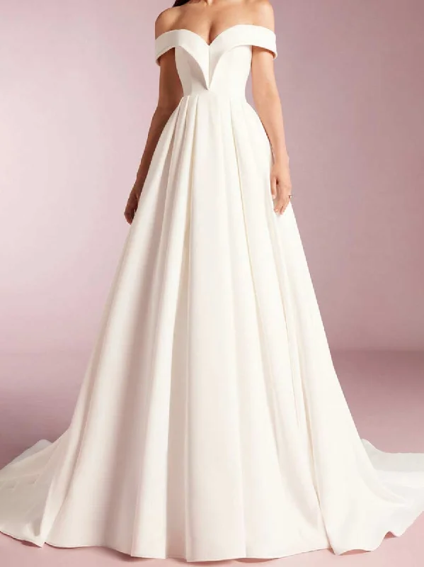 Off The Shoulder A line Wedding Dress Satin V-Neck European