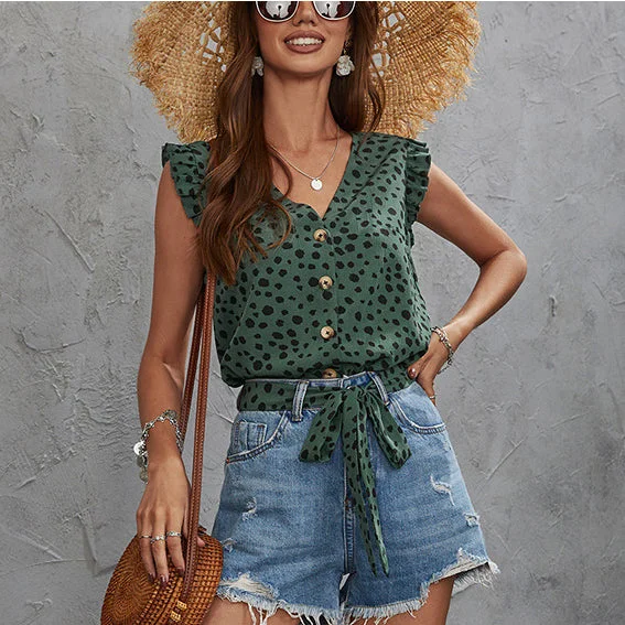 Leopard Print V-Neck Sleeveless Slim-Fit Frill Sleeve Tank Top Wholesale Womens Tops French Leopard Print V-Neck Sleeveless Slim-Fit Frill Sleeve Tank Top Wholesale Womens Tops French
