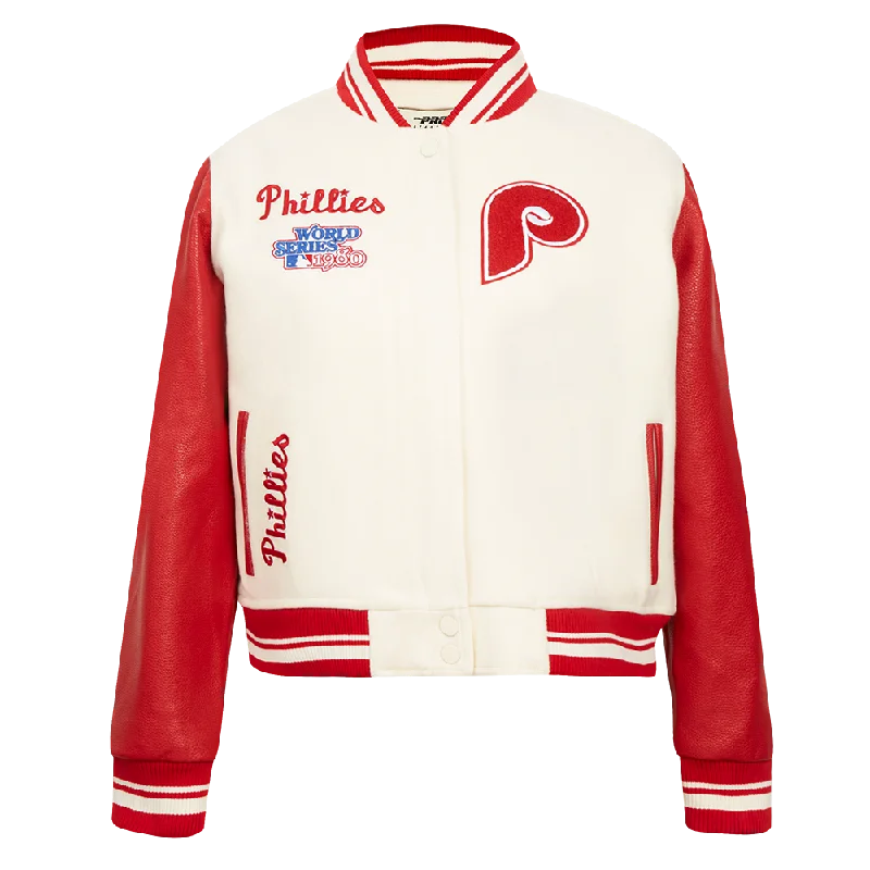 MLB PHILADELPHIA PHILLIES RETRO CLASSIC WOMEN'S RIB WOOL VARSITY JACKET (EGGSHELL/ RED)