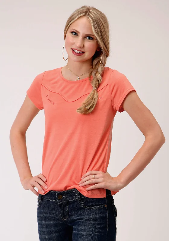 Roper Womens Coral Red Poly/Rayon Curved Yoke S/S T-Shirt Cool Women's Skate