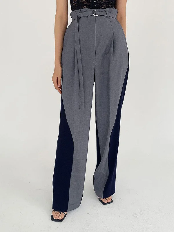 BerryBetty - Belted Two Tone Wide Leg Pants Monochromatic Office Style