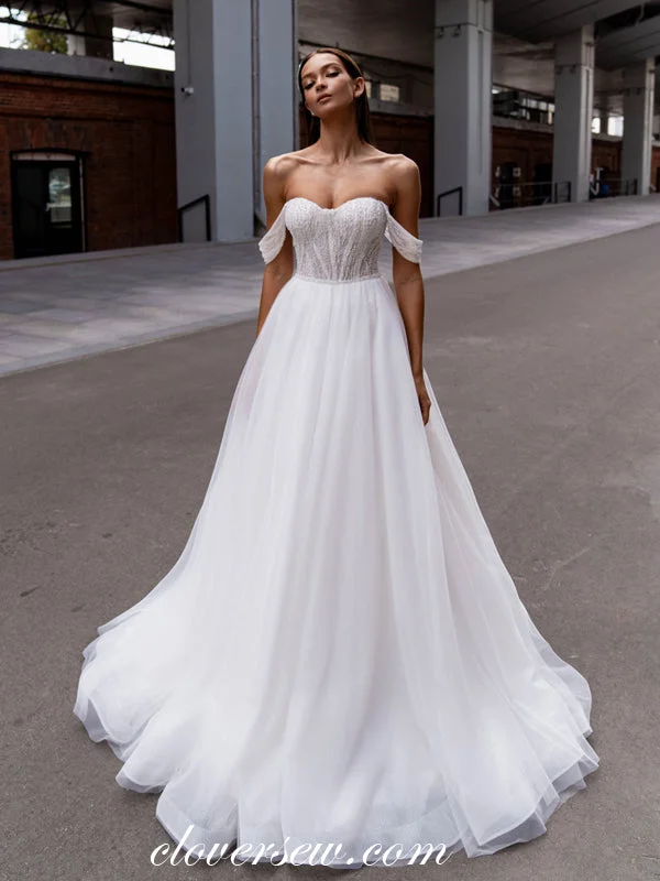 White Pearl Tulle Off The Shoulder A-line Vintage Wedding Dresses, CW0354 Business