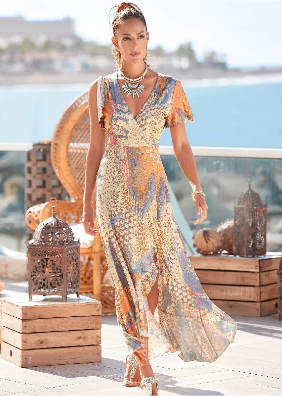 Surplice Maxi Dress  - Orange Multi Practical Women's Quick - dry