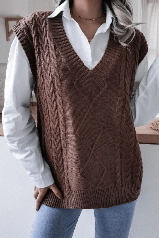 Cable-Knit Ribbed V-Neck Sweater Vest Elegant Women's 