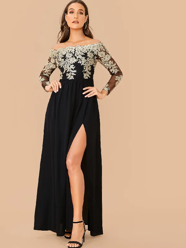 Floral Split Thigh Long Sleeve Off The Shoulder Slit High Waist Maxi Dress Sporty Women's Athleisure 