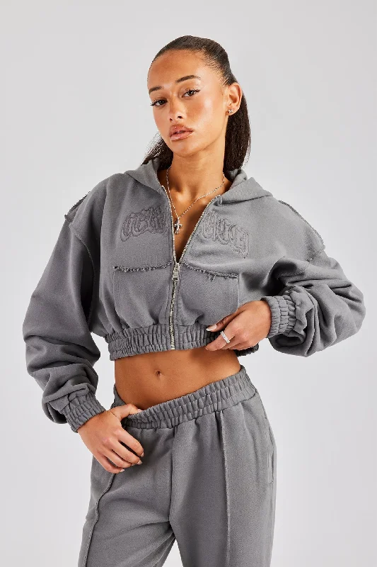 Cropped Exposed Seam  Zip Through Hoodie - Charcoal Women