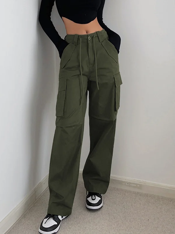 BerryBetty - Solid Drawstring Cargo Parachute Straight Leg Pants