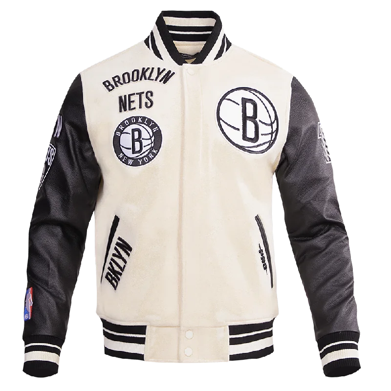 NBA BROOKLYN NETS RETRO CLASSIC MEN'S RIB WOOL VARSITY JACKET (EGGSHELL/ BLACK) Rugged Women's Outdoor NBA BROOKLYN NETS RETRO CLASSIC MEN'S RIB WOOL VARSITY JACKET (EGGSHELL/ BLACK) Rugged Women's Outdoor