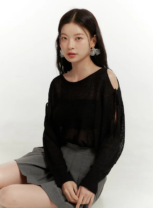 Hollow Out Side Ribbon Knit Sweater OU419 Practical Women's Multi - 
