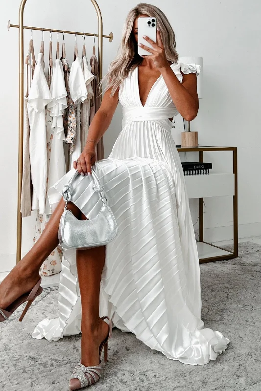 Opulent Occasion Pleated Ruffle Maxi Dress (White) European