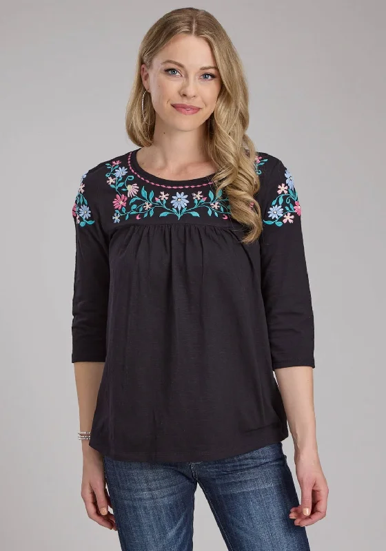 Roper Womens Turquoise Flowers Black 100% Cotton 3/4 Sleeve S/S Blouse Elegant Women's 