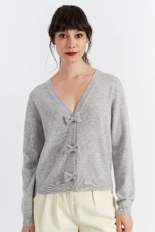Light-Grey Wool-Cashmere Hello Kitty Bow Cardigan Traditional Women's 