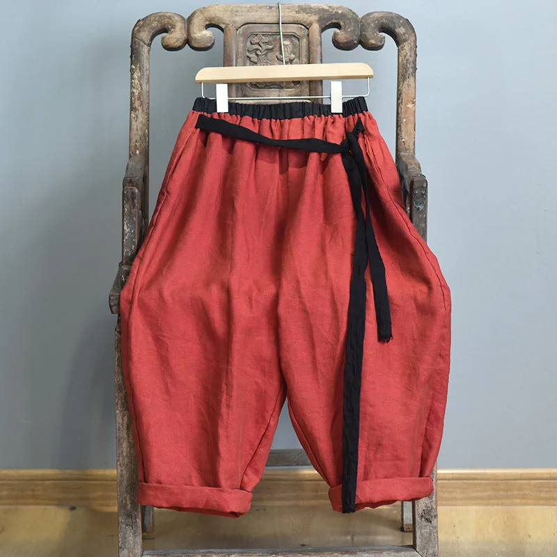 Women Loose-Fit Vintage Shine Color-Woven Linen Harem Pants Traditional Women's 
