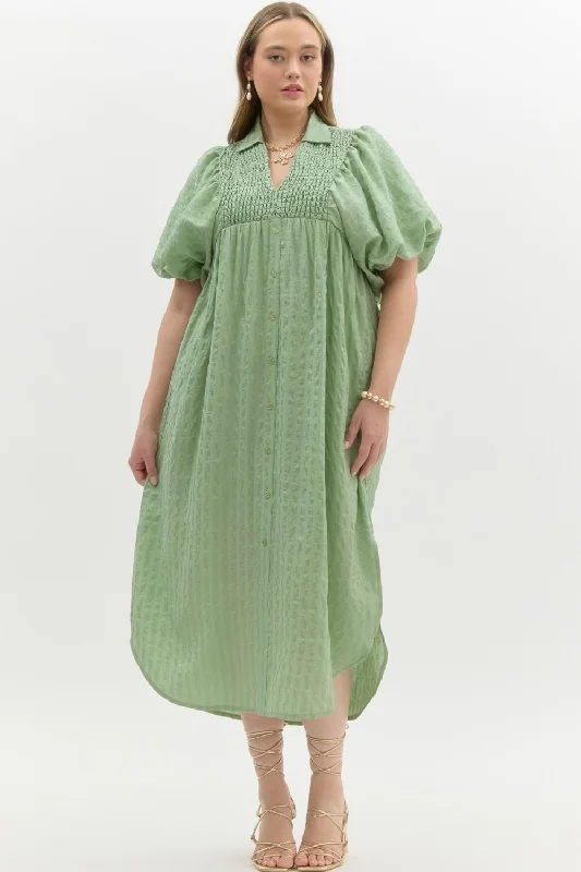 Easy Trends Textured Sage Midi Dress Dapper Women's Bow - adorned