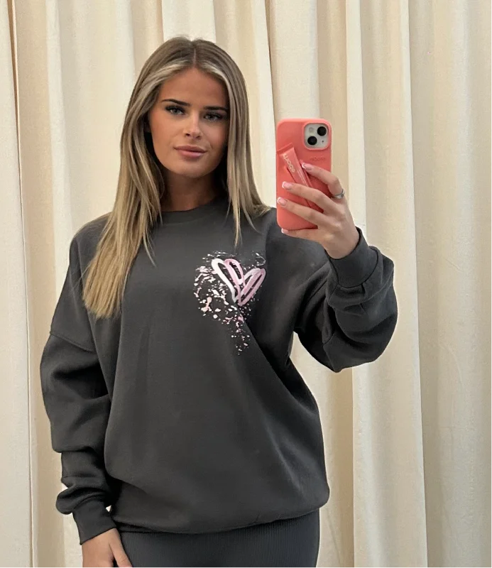 Pink Heart Graffiti Sweatshirt Charcoal Grey Edgy Women's Punk