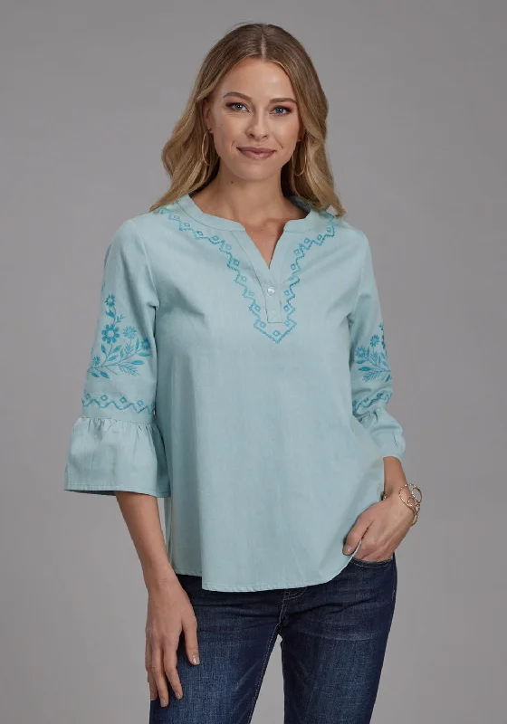 Roper Womens Floral Bell Sleeve Blue 100% Cotton S/S Blouse Youthful Women's Anime - inspired