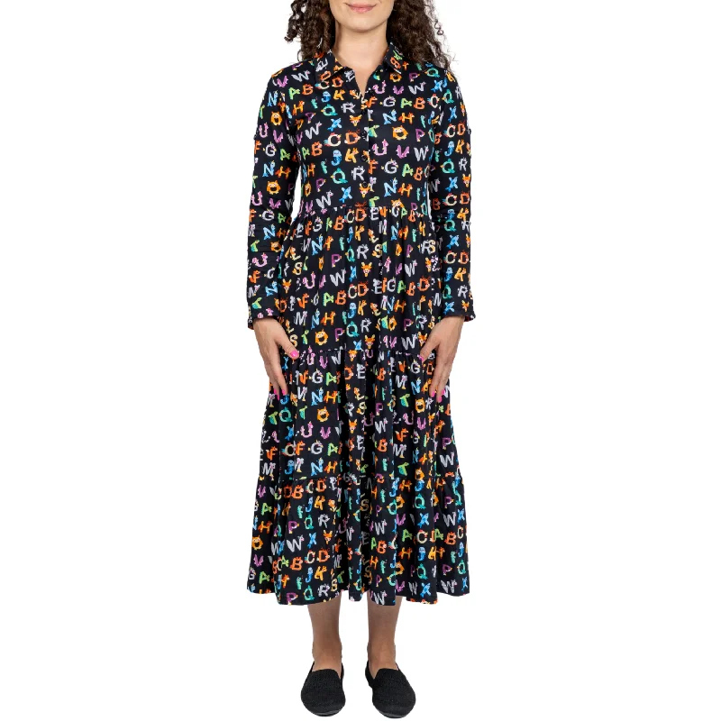 Animal Alphabet Long Sleeve Button-Up Tiered Midi Dress [FINAL SALE] Compression