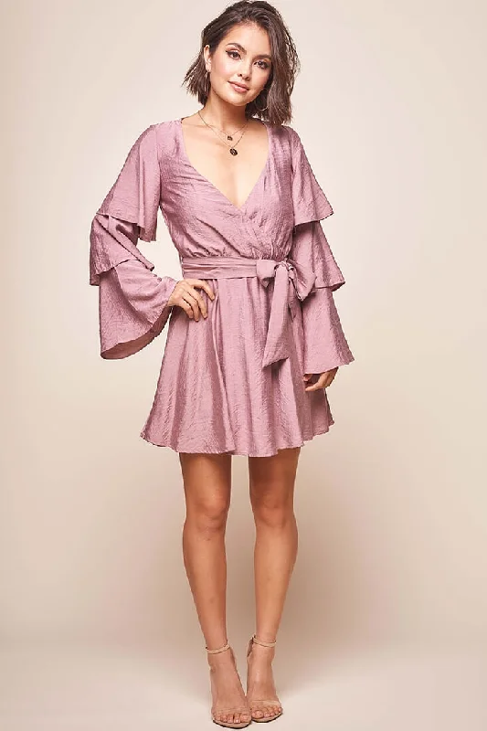Bellini Tiered Ruffle Sleeve Dress Mauve Monochromatic All - in - one