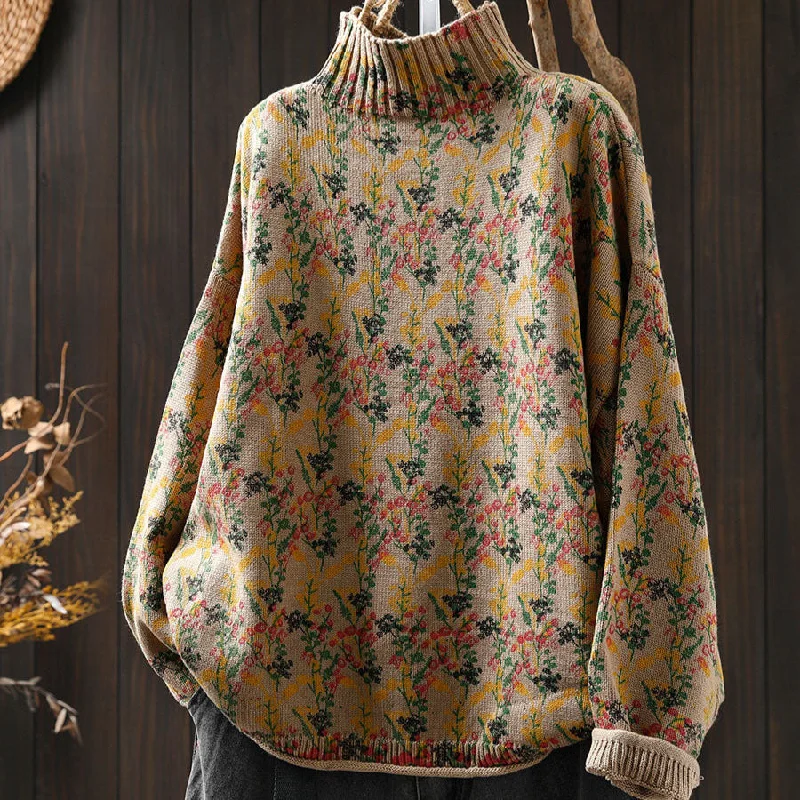 Babakud Women Winter Retro Floral Cotton Knit Casual Sweater Polished Women's Silk