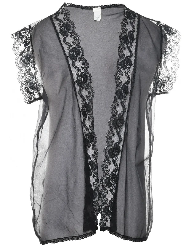 Classic Black Sheer Lace Trim Jacket - L Streetwear Style for 