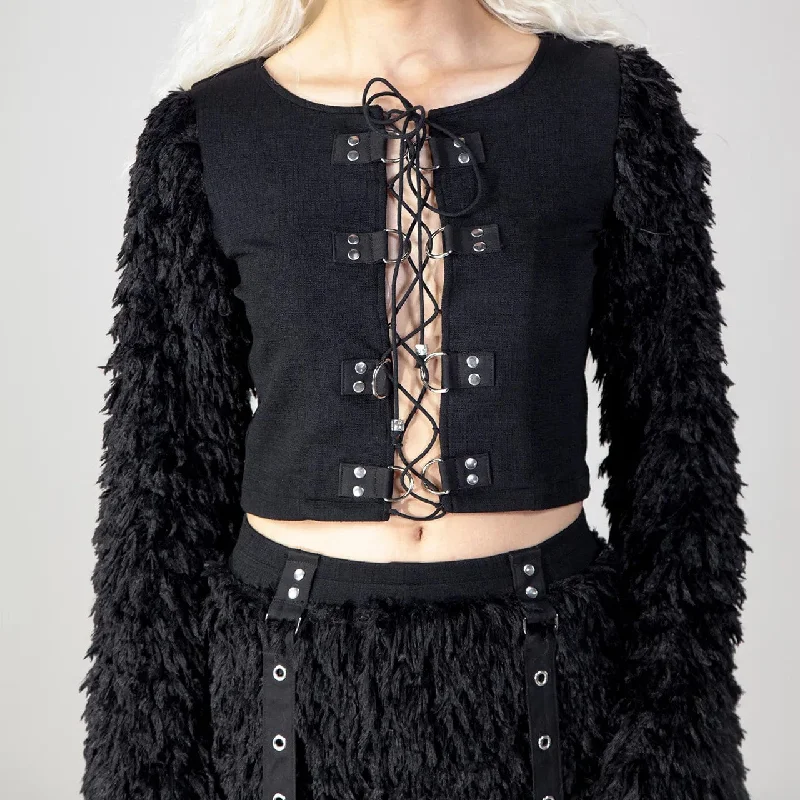 Women's Gothic Faux Fur Splice Lace-up Crop Top Confident Women's Power
