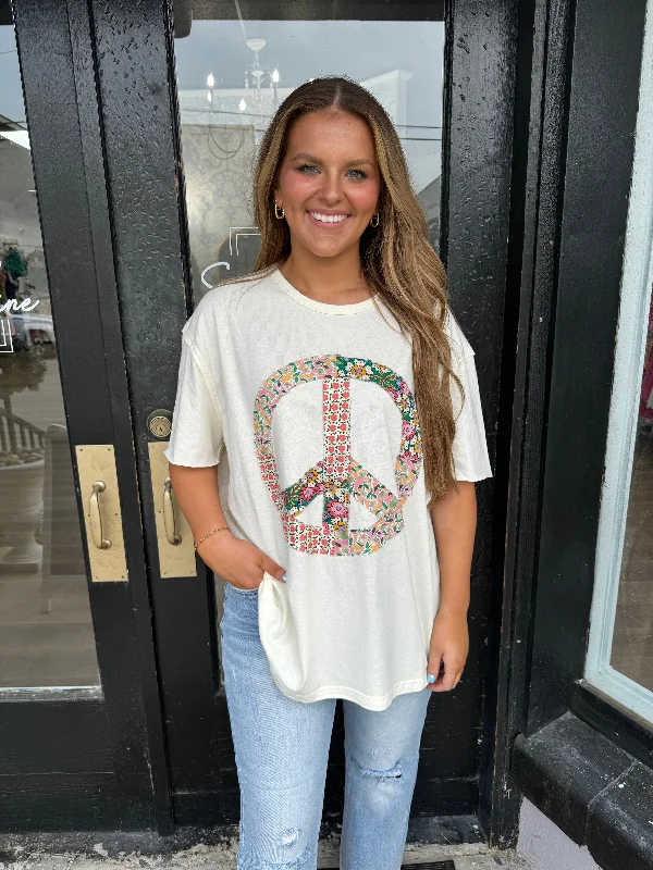 Floral peace sign applique oversized top Confident Women's High - fashion