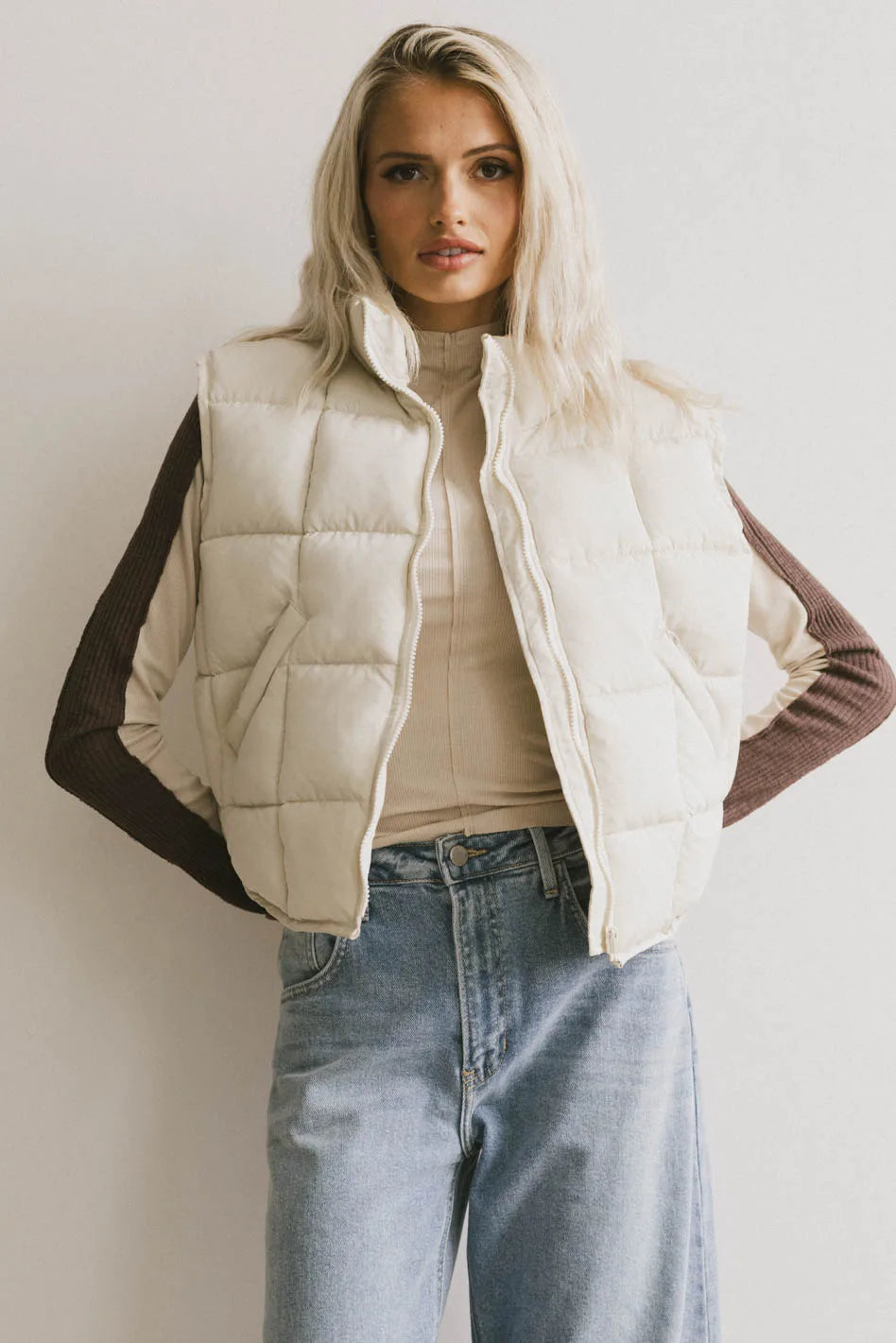 Bellese Quilted Puffer Vest in Bone Monochromatic Office Style