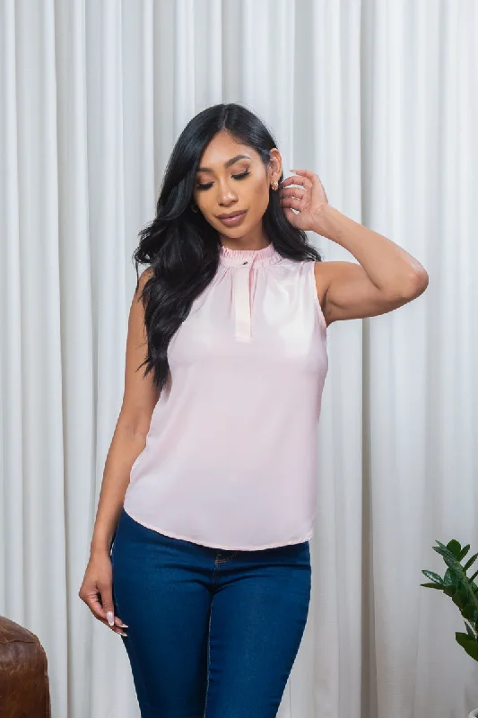 Sleeveless Tank Top with Button Up Tuck Pleated Mandarin Collar in Light Pink (P260137) Sophisticated Women's Tailored Sleeveless Tank Top with Button Up Tuck Pleated Mandarin Collar in Light Pink (P260137) Sophisticated Women's Tailored