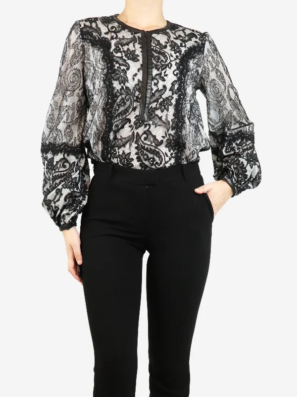 Black zip-up floral lace top - size UK 8 Refined Women's Hand - crafted