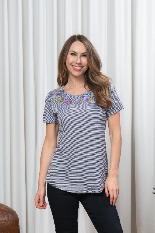 Nautical Striped Relaxed Fit Short Sleeve Jewel Neck T-Shirt Top with Floral Embroidery Trimmed Neckline (SK183354) Compression Nautical Striped Relaxed Fit Short Sleeve Jewel Neck T-Shirt Top with Floral Embroidery Trimmed Neckline (SK183354) Compression