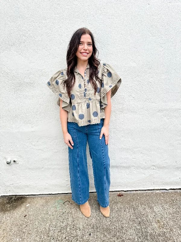 Polka Dot Ruffle Sleeve Top Dynamic Women's Moto