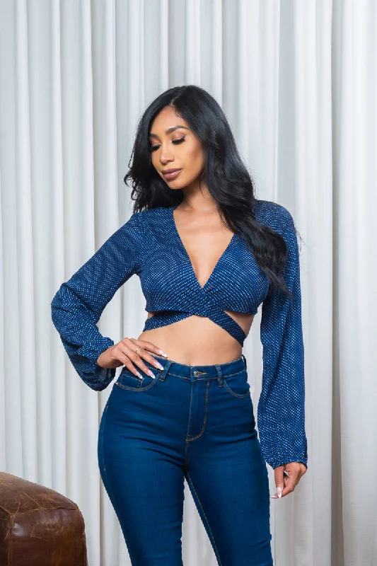Polka Dot Long Sleeve Wrapped Waist Tie Back Crop Top in Navy & White (1751108) Modern Women's Polka Dot Long Sleeve Wrapped Waist Tie Back Crop Top in Navy & White (1751108) Modern Women's