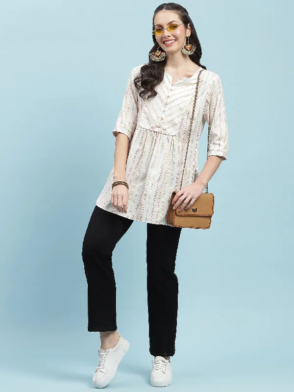 Women Off White Stripe Printed Tunic Streetwear Style for 