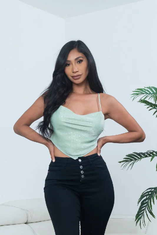 Floral Satin Spaghetti Strap Cowl Neck Triangle Crop Top in Sage (IBT06357) Monochromatic Office Style Floral Satin Spaghetti Strap Cowl Neck Triangle Crop Top in Sage (IBT06357) Monochromatic Office Style